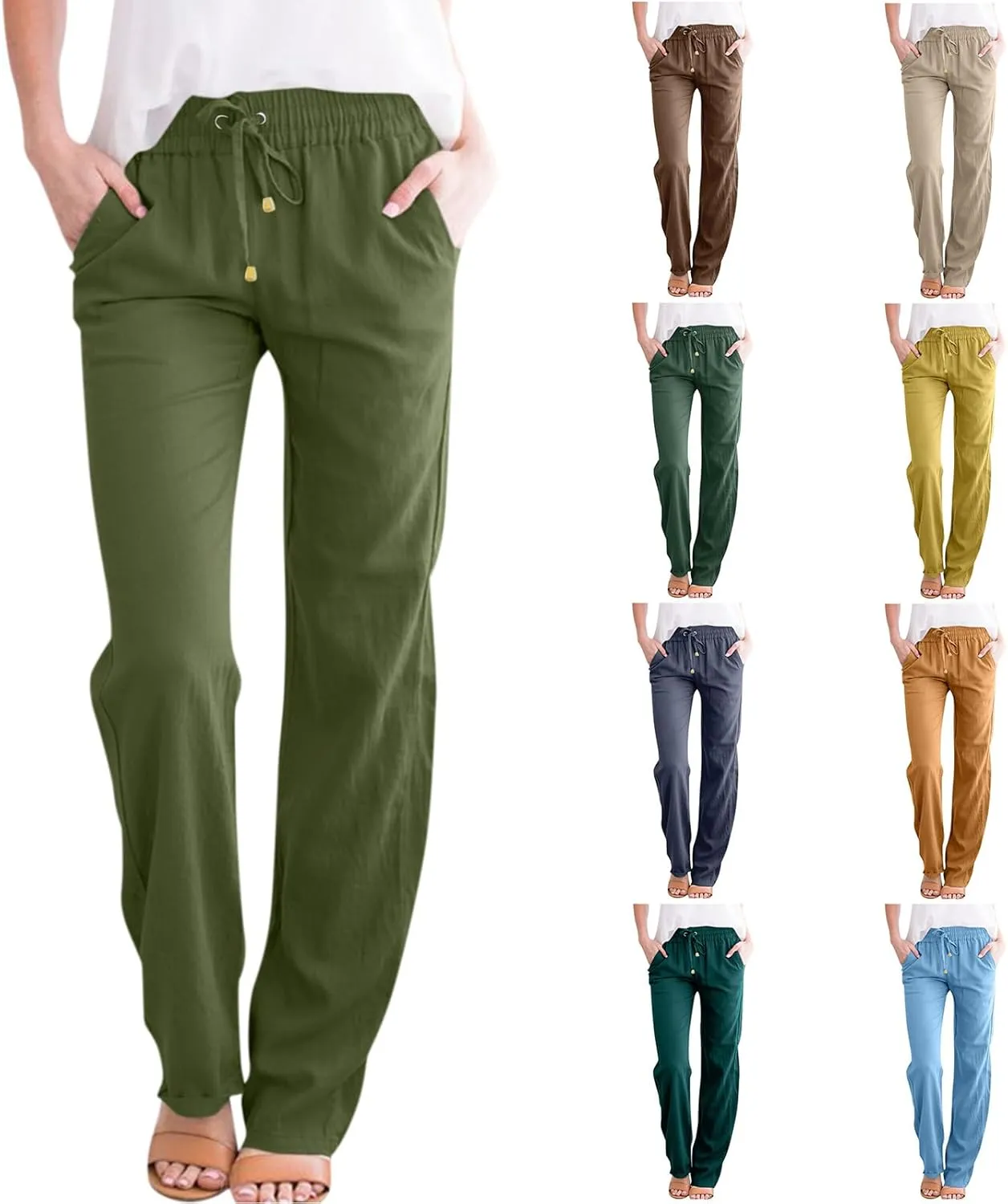 Straight Leg Linen Pants Women Drawstring Elastic High Waisted Pants Casual Lightweight Summer Pants Linen Trousers
