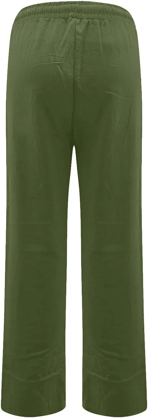 Straight Leg Linen Pants Women Drawstring Elastic High Waisted Pants Casual Lightweight Summer Pants Linen Trousers