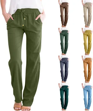 Straight Leg Linen Pants Women Drawstring Elastic High Waisted Pants Casual Lightweight Summer Pants Linen Trousers