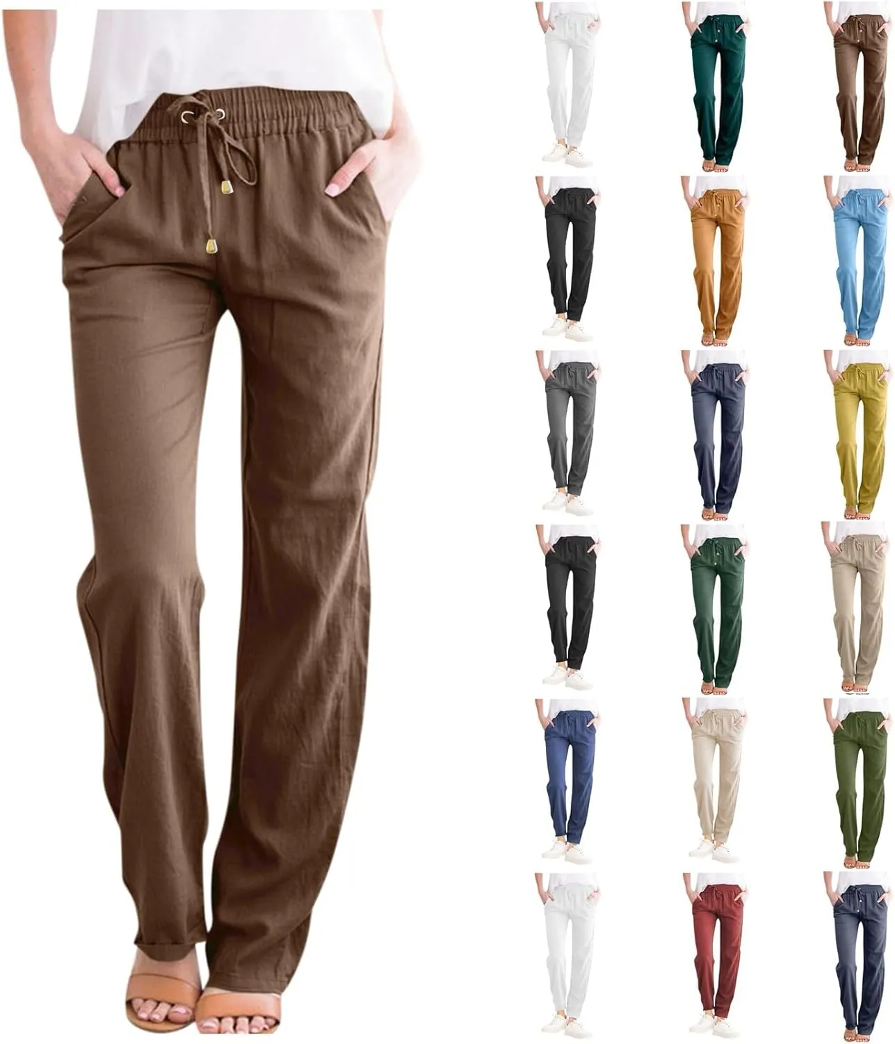 Straight Leg Linen Pants Women Drawstring Elastic High Waisted Pants Casual Lightweight Summer Pants Linen Trousers