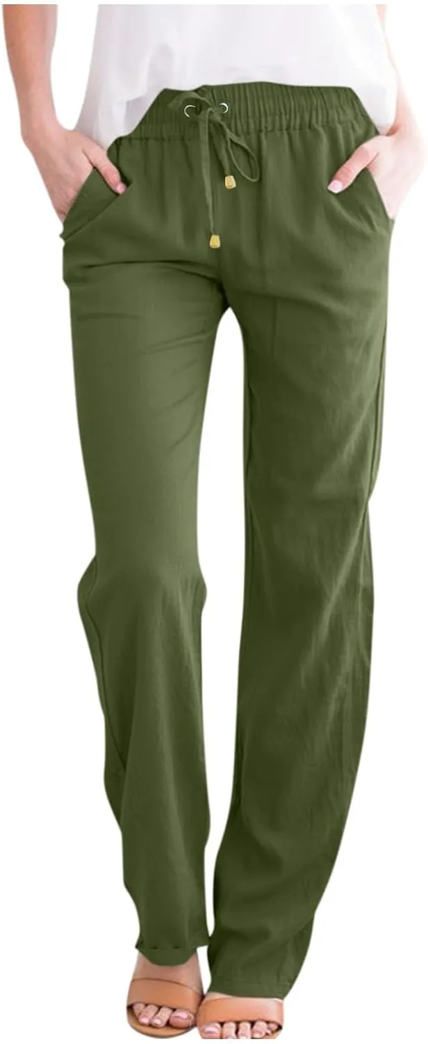 Straight Leg Linen Pants Women Drawstring Elastic High Waisted Pants Casual Lightweight Summer Pants Linen Trousers