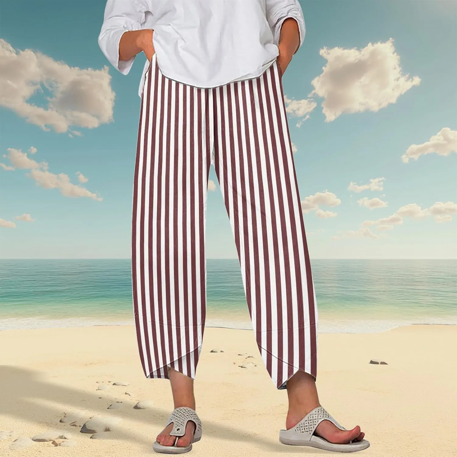 Striped Linen Pants for Women Summer Casual Wide Leg Capri Pants with Pockets Comfy Cropped Palazzo Pants