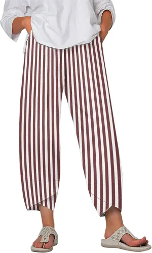 Striped Linen Pants for Women Summer Casual Wide Leg Capri Pants with Pockets Comfy Cropped Palazzo Pants