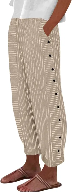 Striped Linen Pants Women Casual High Waisted Wide Leg Cropped Pants Summer Beach Gauze Capri Trousers with Pockets