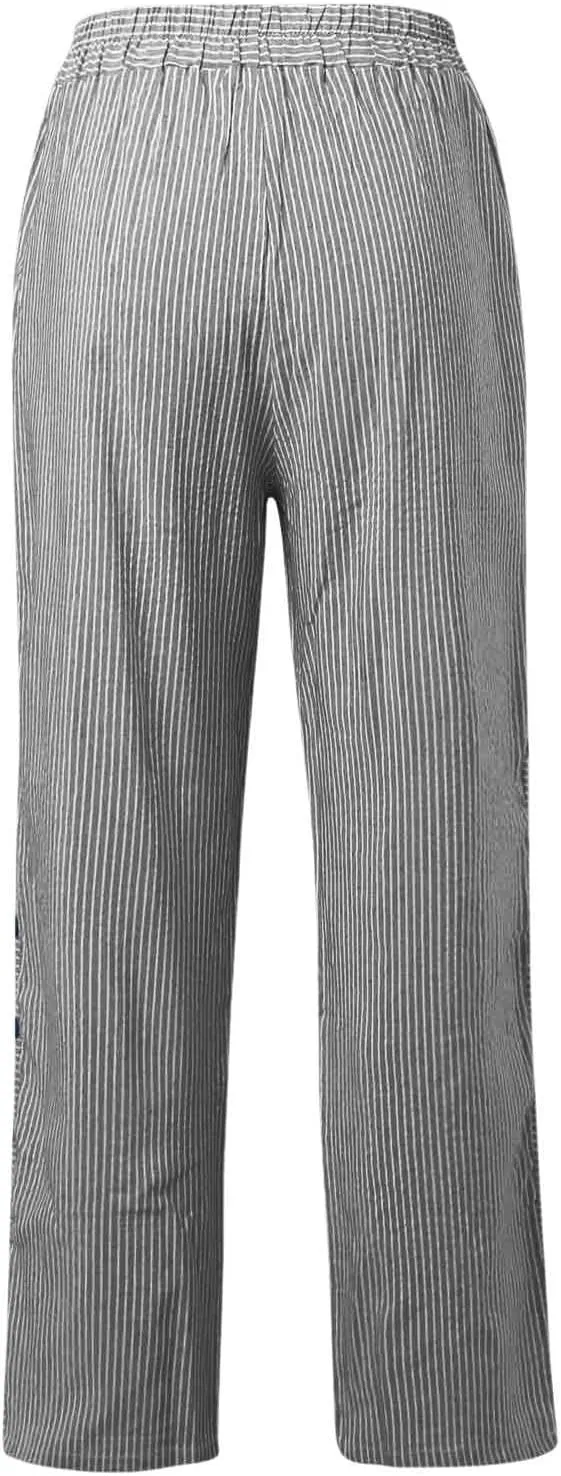 Striped Linen Pants Women Casual High Waisted Wide Leg Cropped Pants Summer Beach Gauze Capri Trousers with Pockets