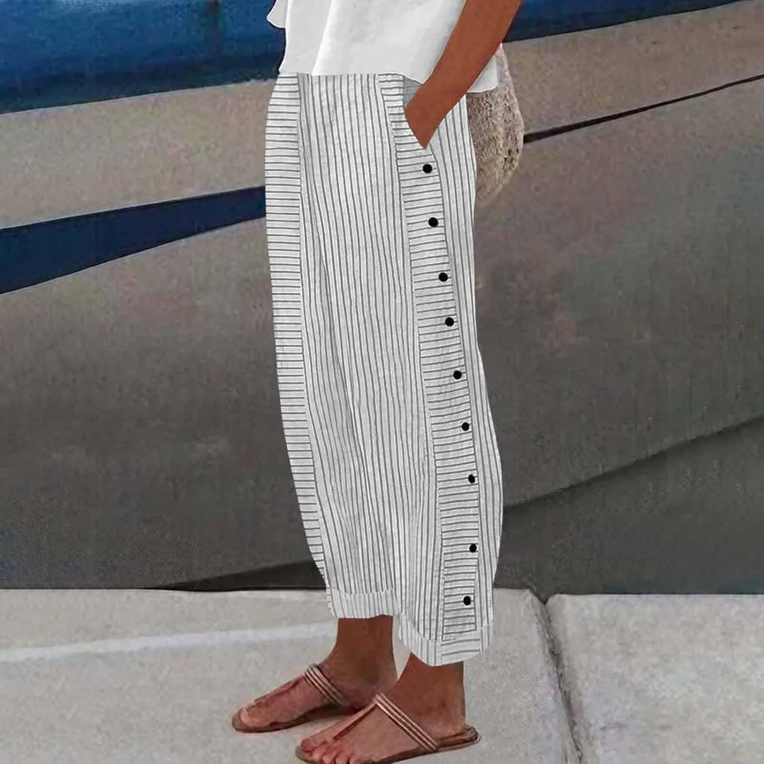 Striped Linen Pants Women Casual High Waisted Wide Leg Cropped Pants Summer Beach Gauze Capri Trousers with Pockets