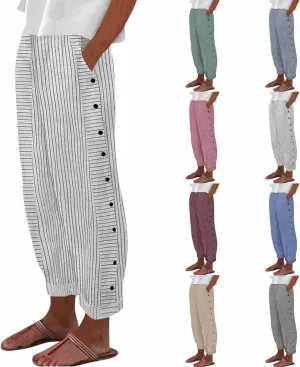 Striped Linen Pants Women Casual High Waisted Wide Leg Cropped Pants Summer Beach Gauze Capri Trousers with Pockets
