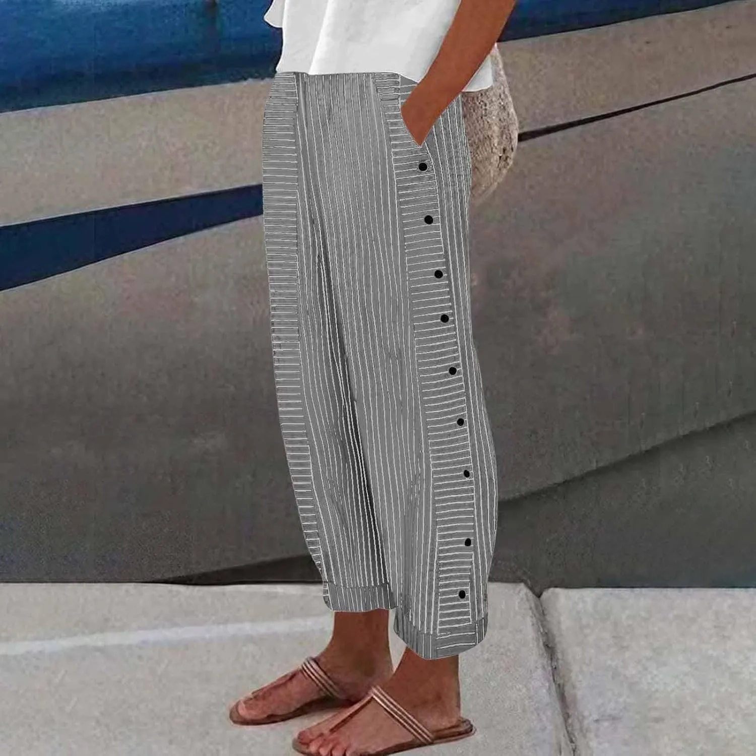 Striped Linen Pants Women Casual High Waisted Wide Leg Cropped Pants Summer Beach Gauze Capri Trousers with Pockets