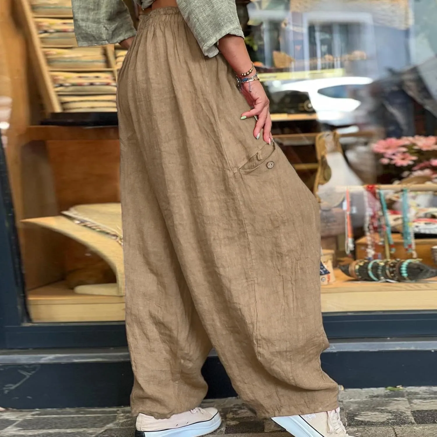 Summer Cotton Linen Pants Solid Color Pocket Baggy Casual Pants Women Pleated High Waisted Wide Leg Pants Wide Leg