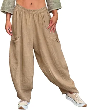 Summer Cotton Linen Pants Solid Color Pocket Baggy Casual Pants Women Pleated High Waisted Wide Leg Pants Wide Leg