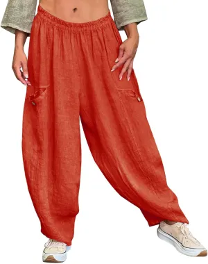 Summer Cotton Linen Pants Solid Color Pocket Baggy Casual Pants Women Pleated High Waisted Wide Leg Pants Wide Leg