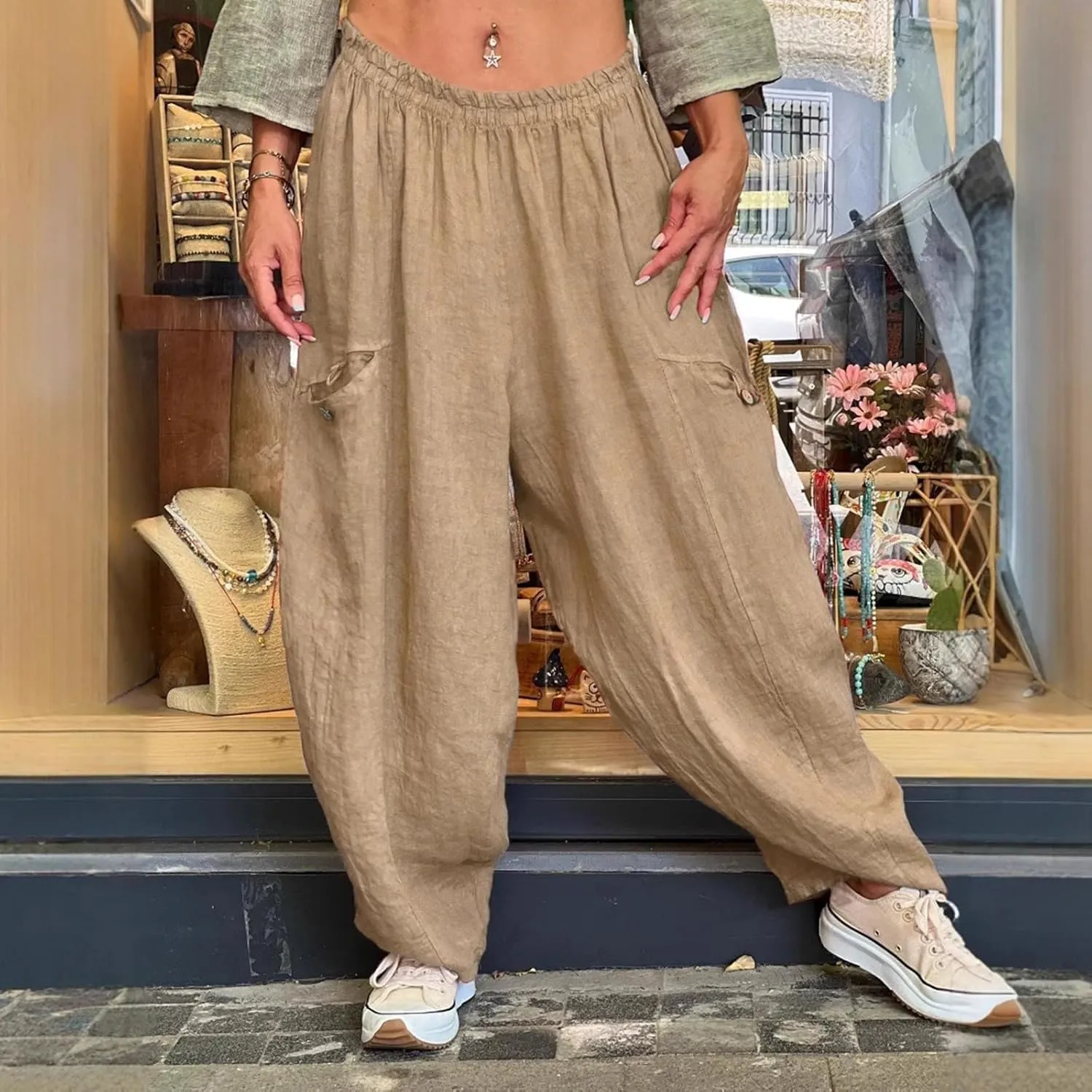 Summer Cotton Linen Pants Solid Color Pocket Baggy Casual Pants Women Pleated High Waisted Wide Leg Pants Wide Leg