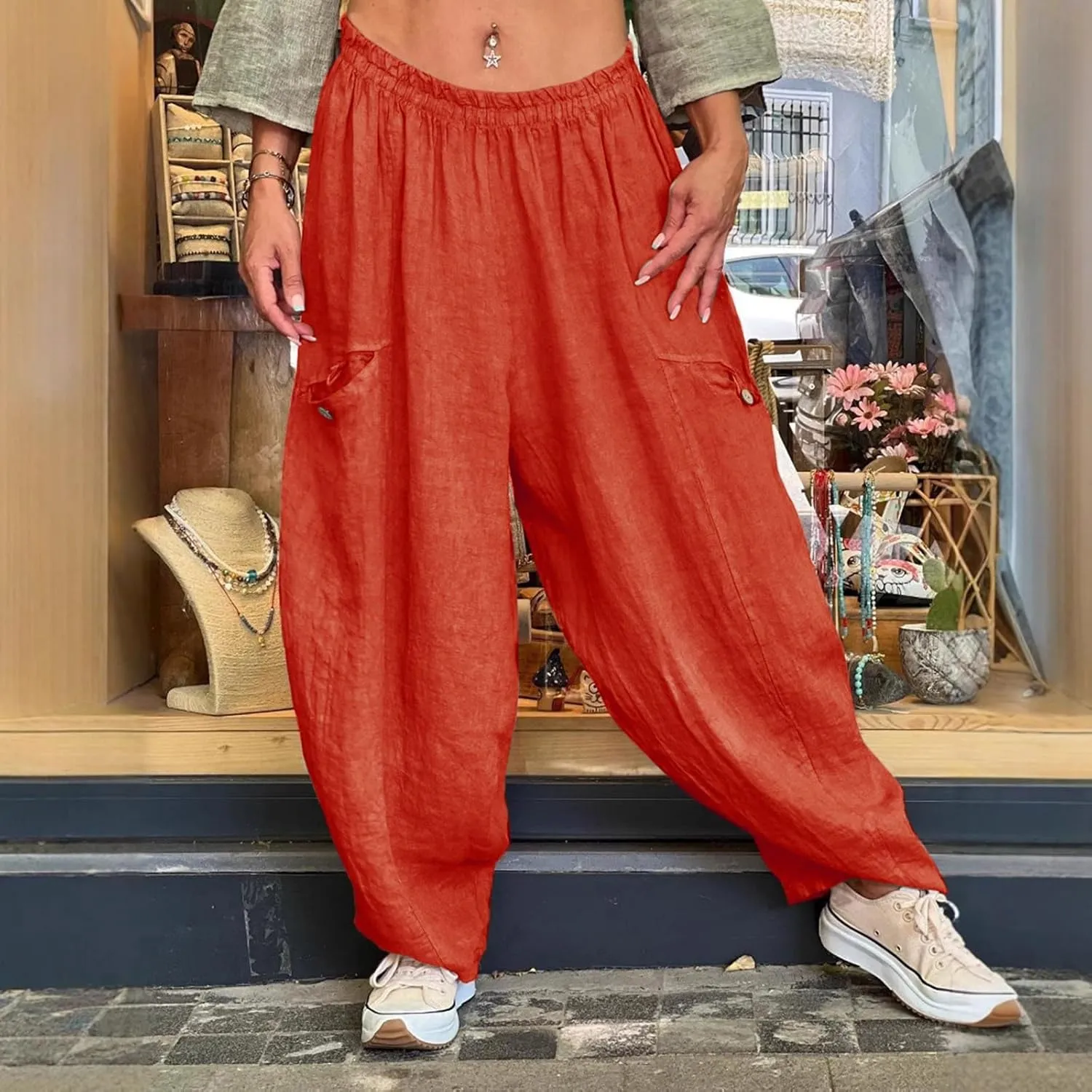 Summer Cotton Linen Pants Solid Color Pocket Baggy Casual Pants Women Pleated High Waisted Wide Leg Pants Wide Leg