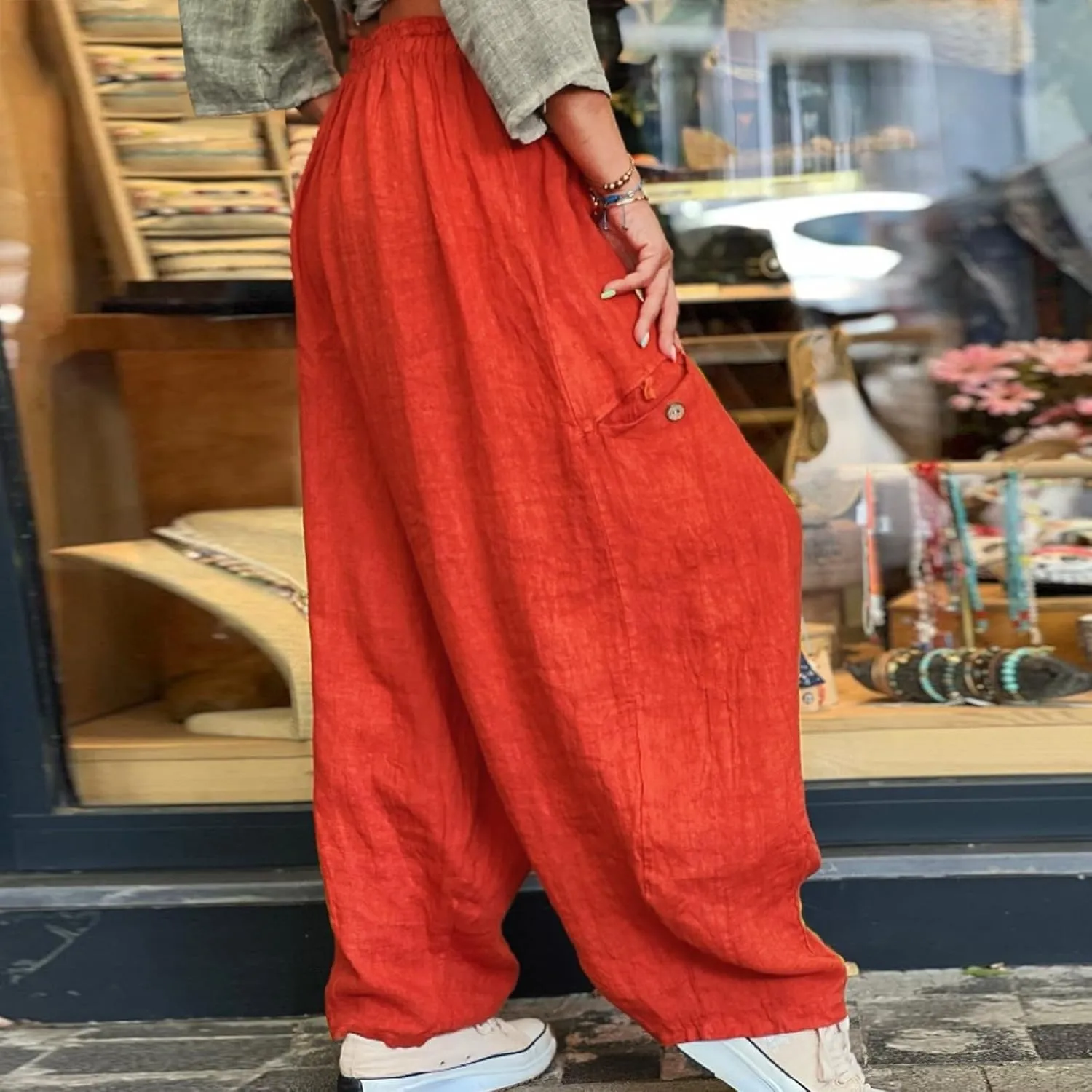 Summer Cotton Linen Pants Solid Color Pocket Baggy Casual Pants Women Pleated High Waisted Wide Leg Pants Wide Leg