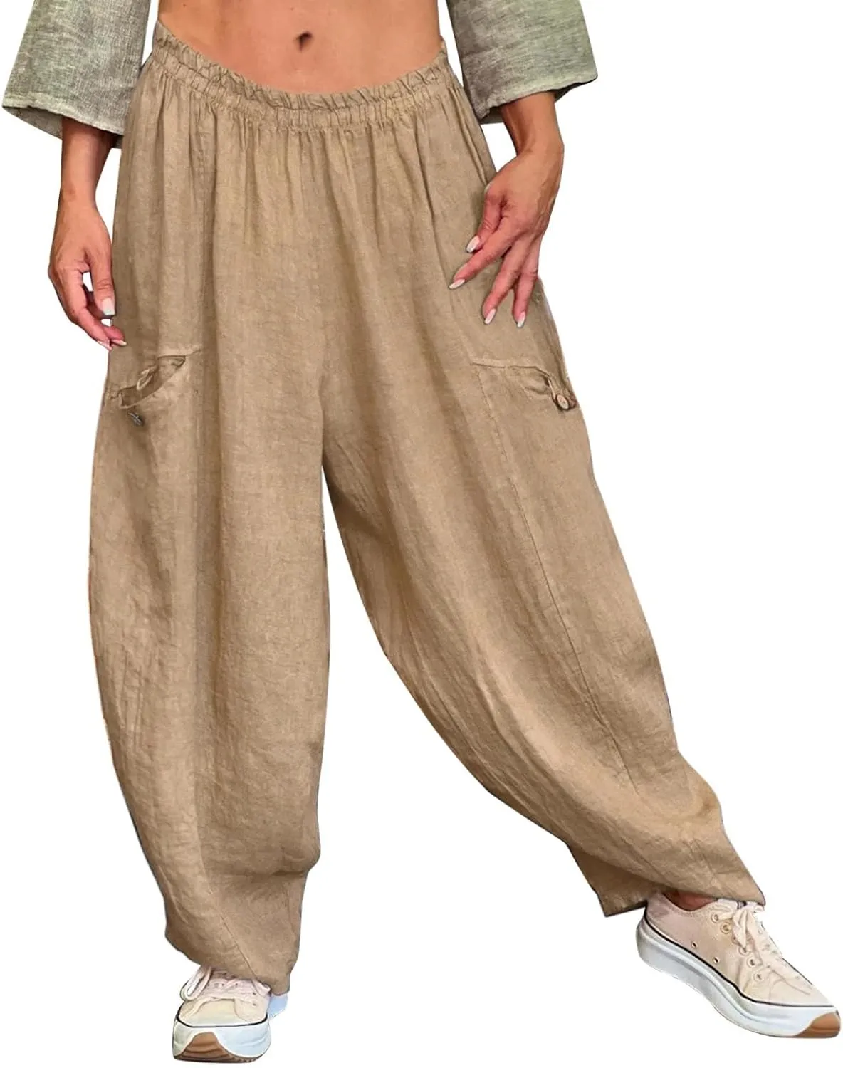 Summer Cotton Linen Pants Solid Color Pocket Baggy Casual Pants Women Pleated High Waisted Wide Leg Pants Wide Leg