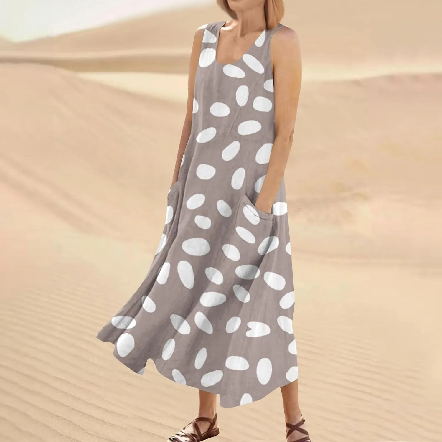 Summer Dresses for Women 2025 Linen Plus Size Tank Sundresses Beach Vacation Sleeveless Floral Dress with Pockets