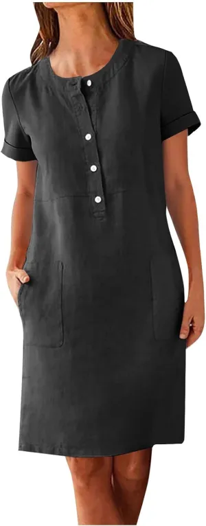Summer Linen Mini Dress for Women Short Sleeve Shirt Dresses Button Crewneck Beach Vacation Sundress with Pockets