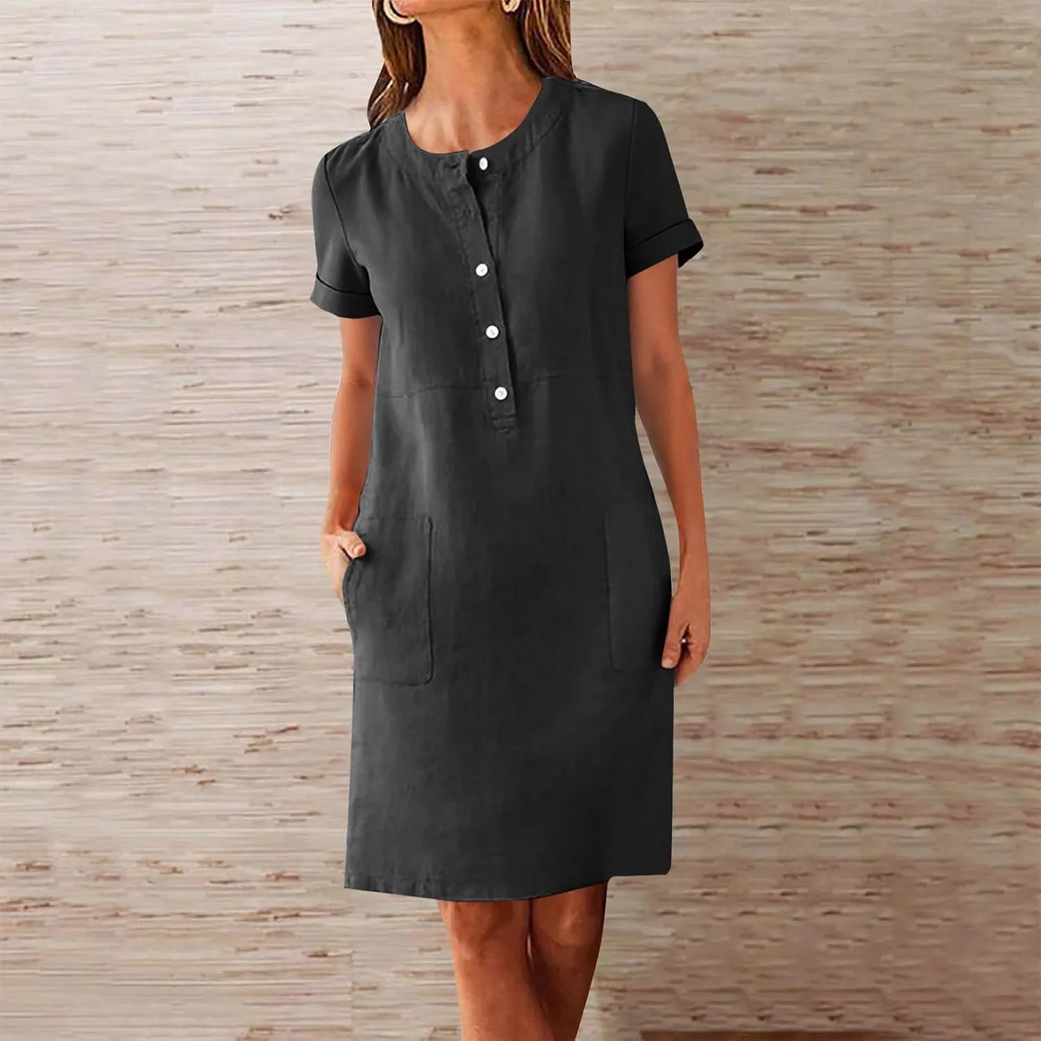 Summer Linen Mini Dress for Women Short Sleeve Shirt Dresses Button Crewneck Beach Vacation Sundress with Pockets