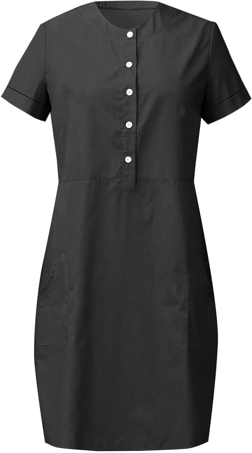 Summer Linen Mini Dress for Women Short Sleeve Shirt Dresses Button Crewneck Beach Vacation Sundress with Pockets