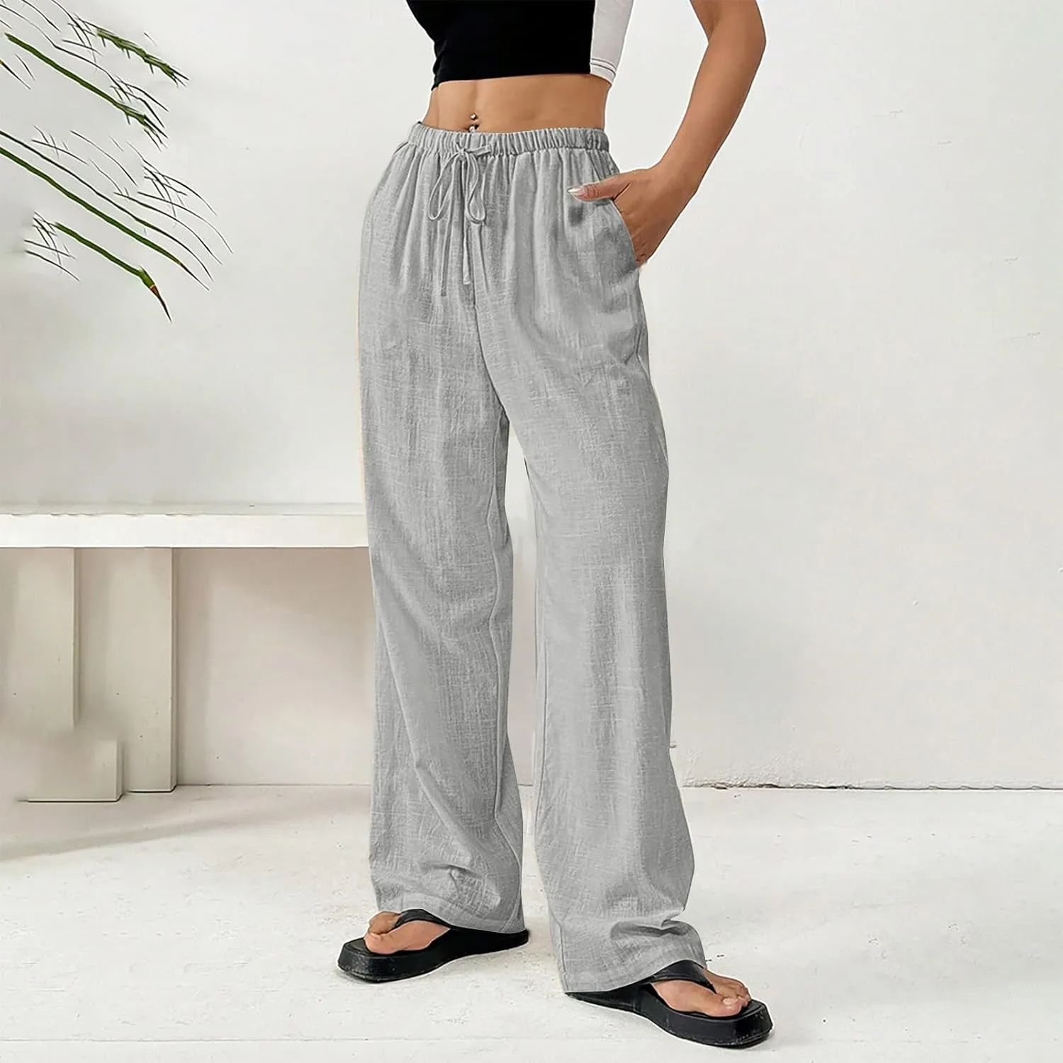 Summer Linen Palazzo Pants for Women Flowy Wide Leg Beach Trousers Loose Casual High Waist Yoga Pants with Pockets