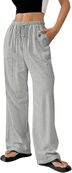 Summer Linen Palazzo Pants for Women Flowy Wide Leg Beach Trousers Loose Casual High Waist Yoga Pants with Pockets