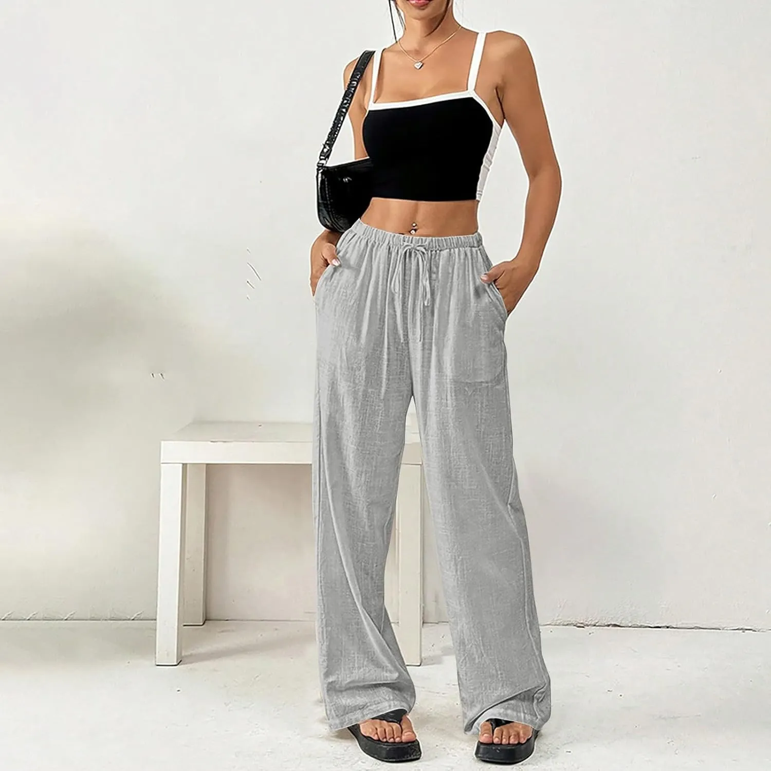 Summer Linen Palazzo Pants for Women Flowy Wide Leg Beach Trousers Loose Casual High Waist Yoga Pants with Pockets