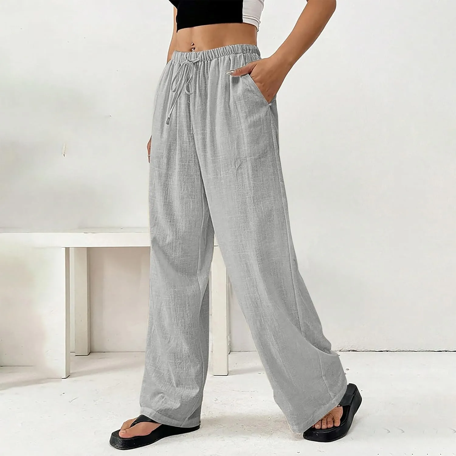 Summer Linen Palazzo Pants for Women Flowy Wide Leg Beach Trousers Loose Casual High Waist Yoga Pants with Pockets
