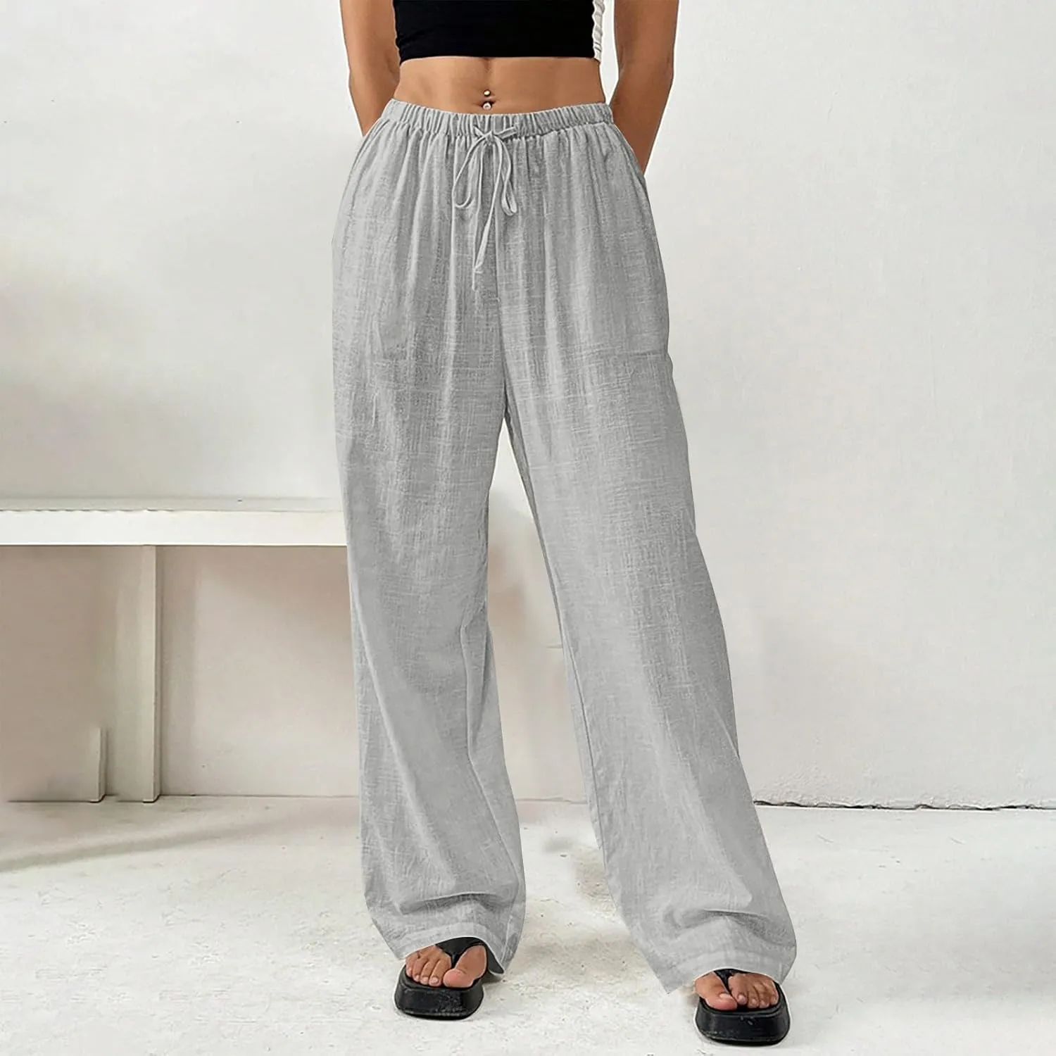 Summer Linen Palazzo Pants for Women Flowy Wide Leg Beach Trousers Loose Casual High Waist Yoga Pants with Pockets
