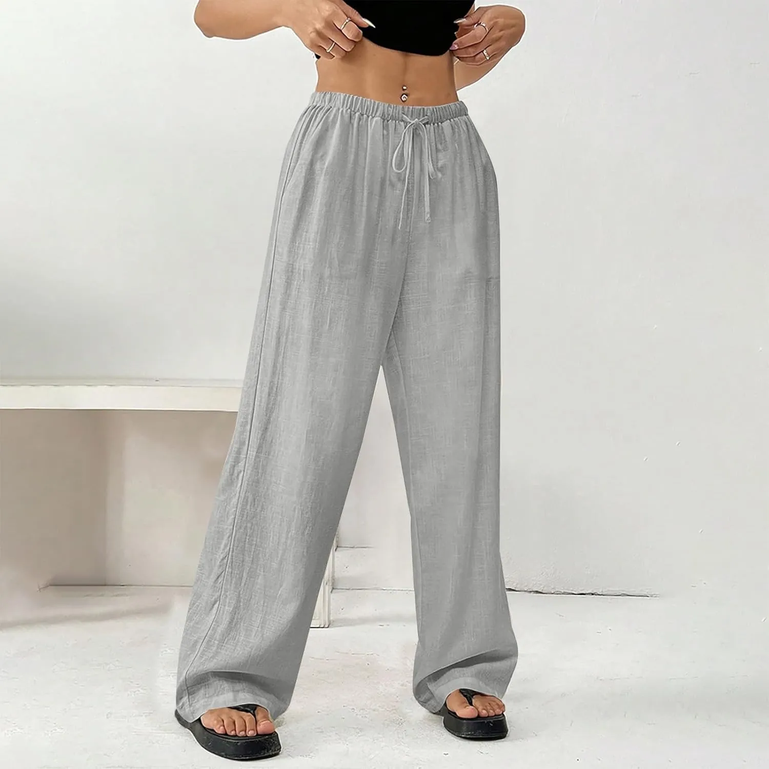 Summer Linen Palazzo Pants for Women Flowy Wide Leg Beach Trousers Loose Casual High Waist Yoga Pants with Pockets