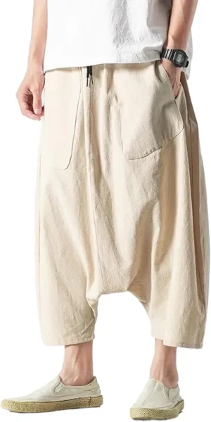 Summer Men Plus Size Casual Harem Pants Vintage Loose Cotton Linen Wide Leg Pants Male Elastic Waist Trousers