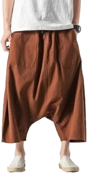 Summer Men Plus Size Casual Harem Pants Vintage Loose Cotton Linen Wide Leg Pants Male Elastic Waist Trousers