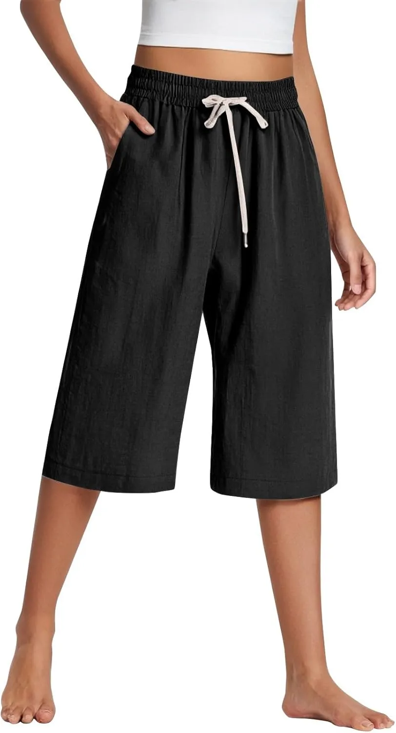 Summer Pants for Women 2025 Plus Size Cotton Linen Pants Loose Fit High Waisted Wide Leg Cropped Pants with Pockets