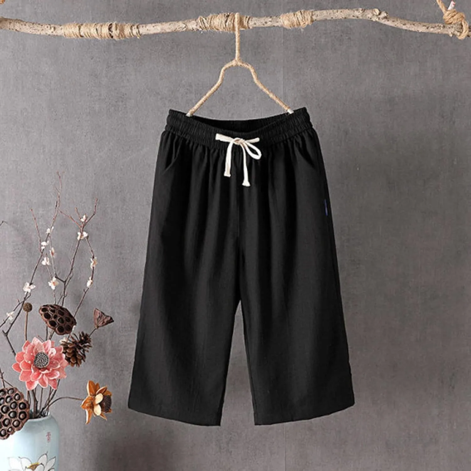 Summer Pants for Women 2025 Plus Size Cotton Linen Pants Loose Fit High Waisted Wide Leg Cropped Pants with Pockets