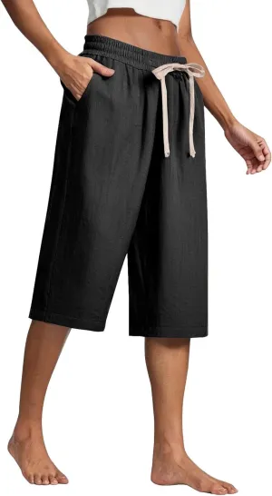 Summer Pants for Women 2025 Plus Size Cotton Linen Pants Loose Fit High Waisted Wide Leg Cropped Pants with Pockets