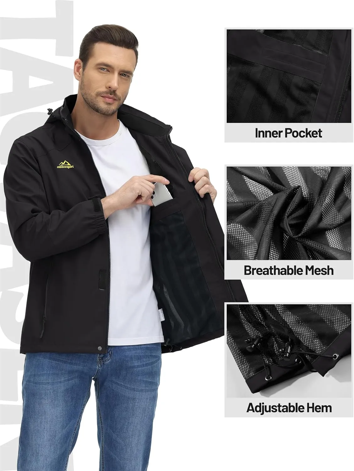 TACVASEN Men's Rain Jacket Lightweight Windbreaker with Hooded Water Resistant Outdoor Raincoat for Hiking Travel Camping