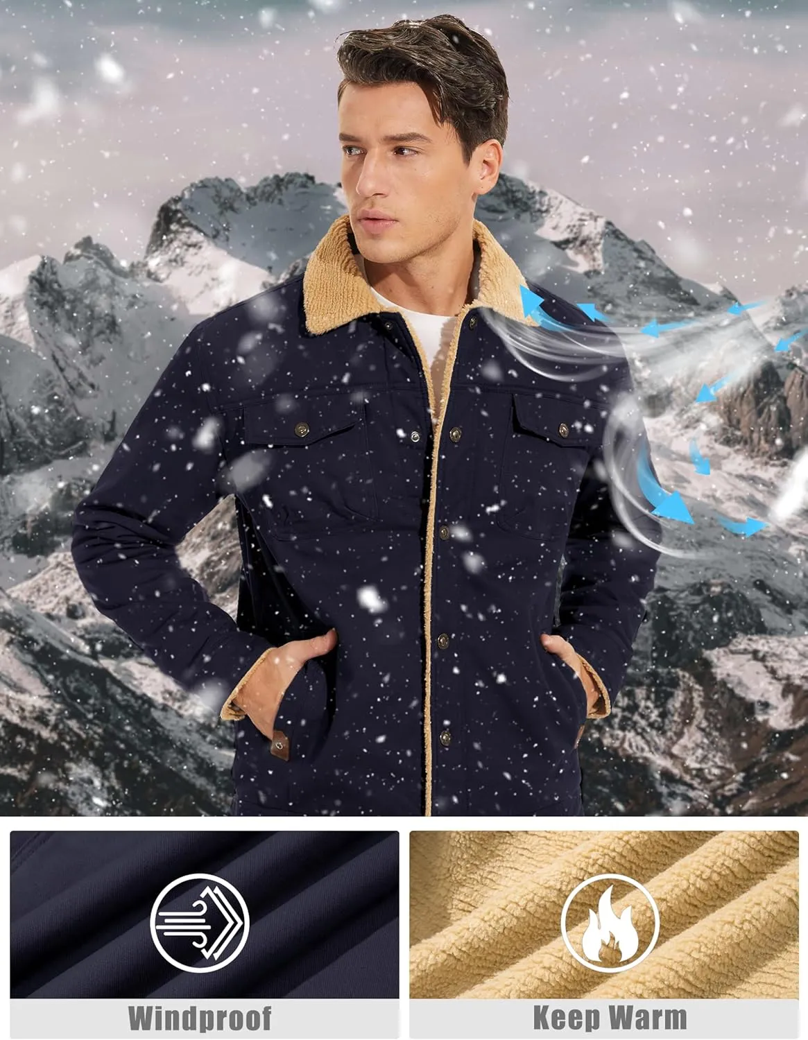 TACVASEN Men's Winter Jacket Sherpa Fleece Lined Cargo Coat Warm Thick Trucker Jacket with Multi Pockets