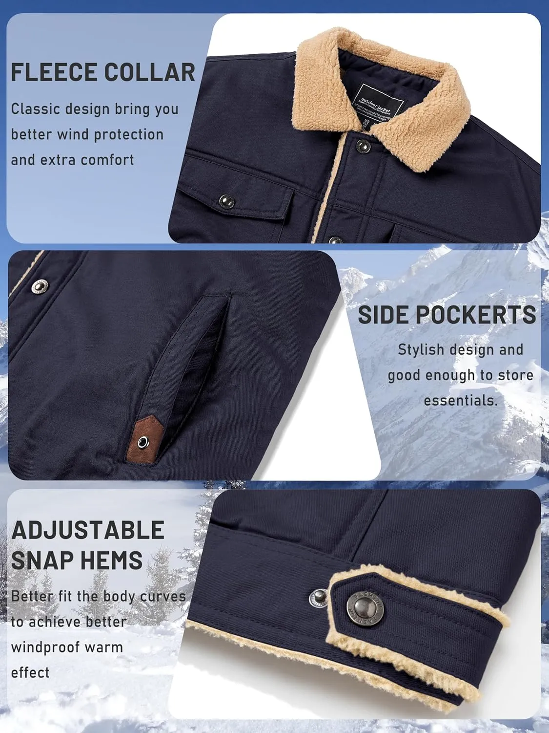 TACVASEN Men's Winter Jacket Sherpa Fleece Lined Cargo Coat Warm Thick Trucker Jacket with Multi Pockets