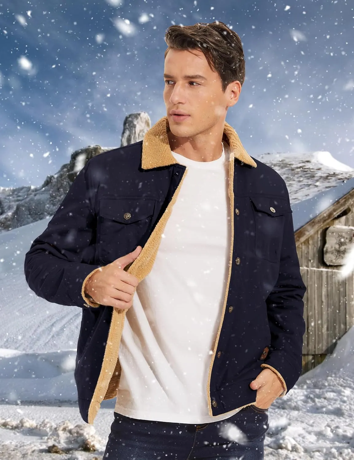 TACVASEN Men's Winter Jacket Sherpa Fleece Lined Cargo Coat Warm Thick Trucker Jacket with Multi Pockets