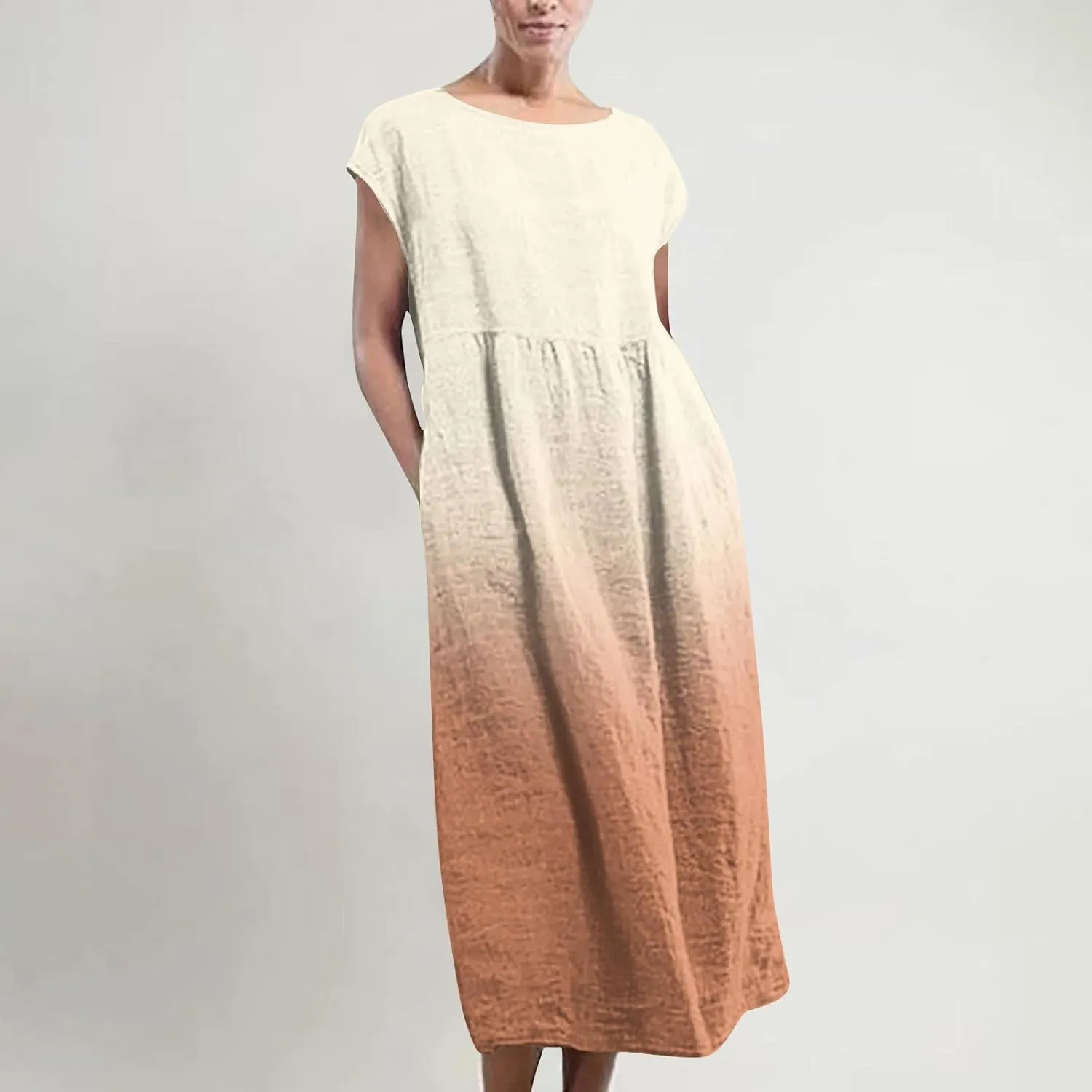 TANGNADE Plus Size Cotton Linen Dresses for Women Short Sleeve Summer Maxi Dress with Pockets Flowy Vacation Dresses