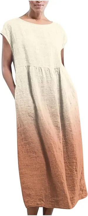 TANGNADE Plus Size Cotton Linen Dresses for Women Short Sleeve Summer Maxi Dress with Pockets Flowy Vacation Dresses