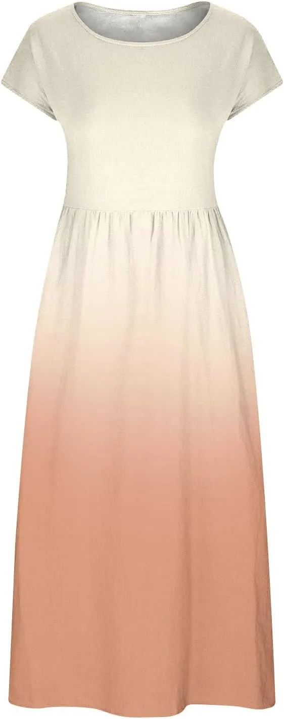 TANGNADE Plus Size Cotton Linen Dresses for Women Short Sleeve Summer Maxi Dress with Pockets Flowy Vacation Dresses
