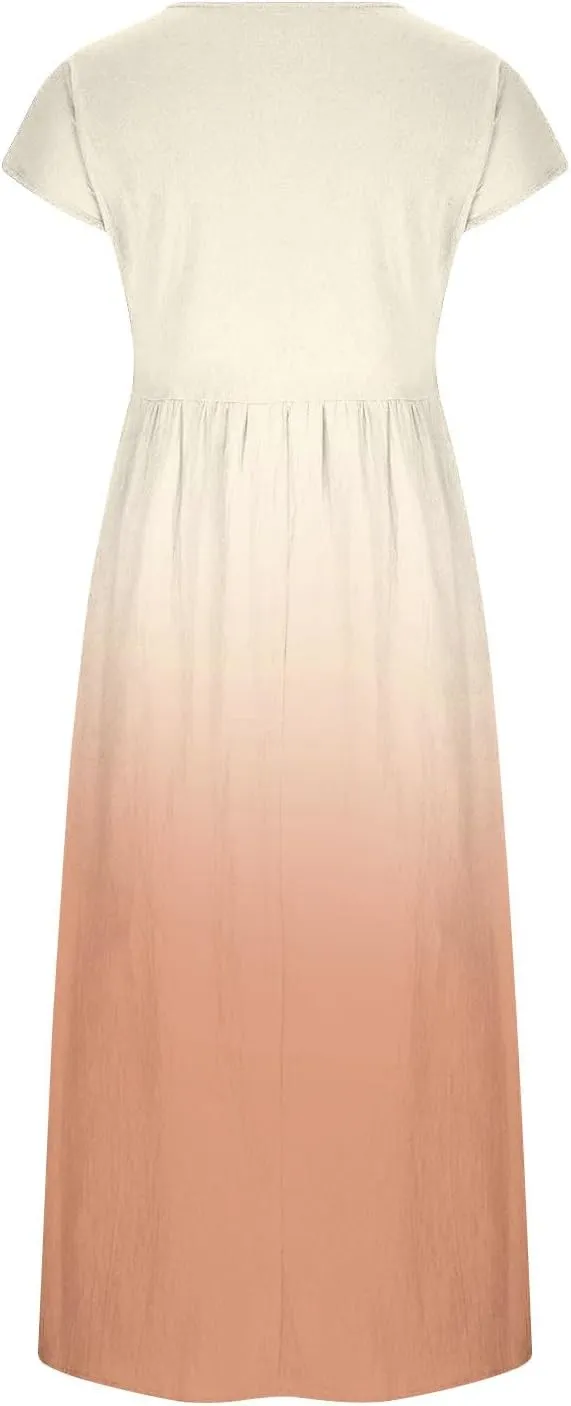 TANGNADE Plus Size Cotton Linen Dresses for Women Short Sleeve Summer Maxi Dress with Pockets Flowy Vacation Dresses