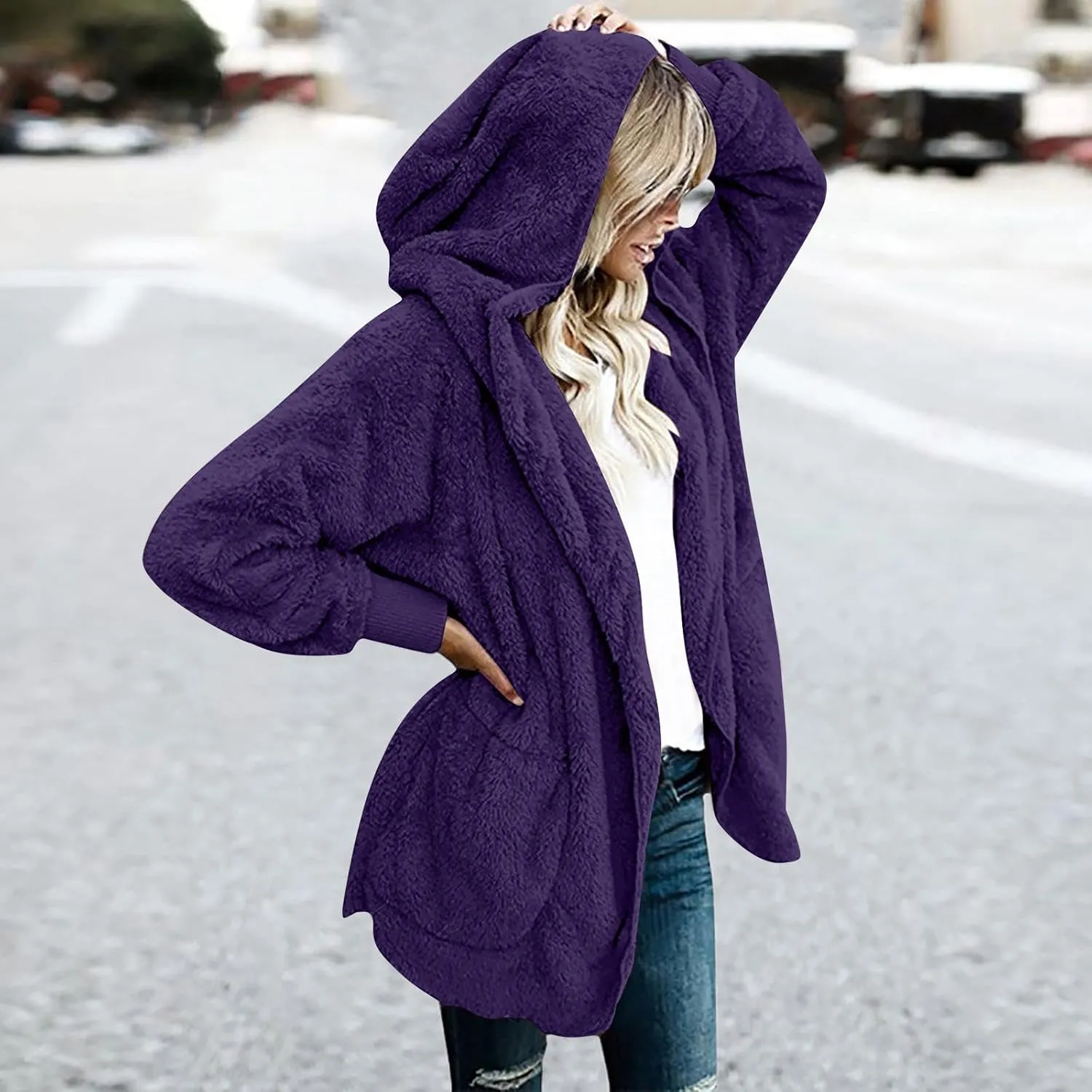 TANGNADE Sherpa Jacket Women with Hood Fleece Fuzzy Hooded Casual Coats Winter Cardigan Open Front Coat Outwear