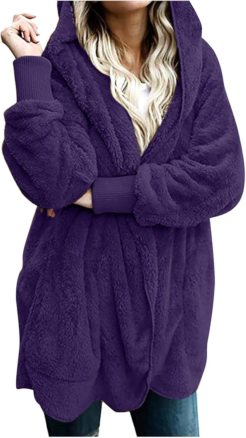 TANGNADE Sherpa Jacket Women with Hood Fleece Fuzzy Hooded Casual Coats Winter Cardigan Open Front Coat Outwear