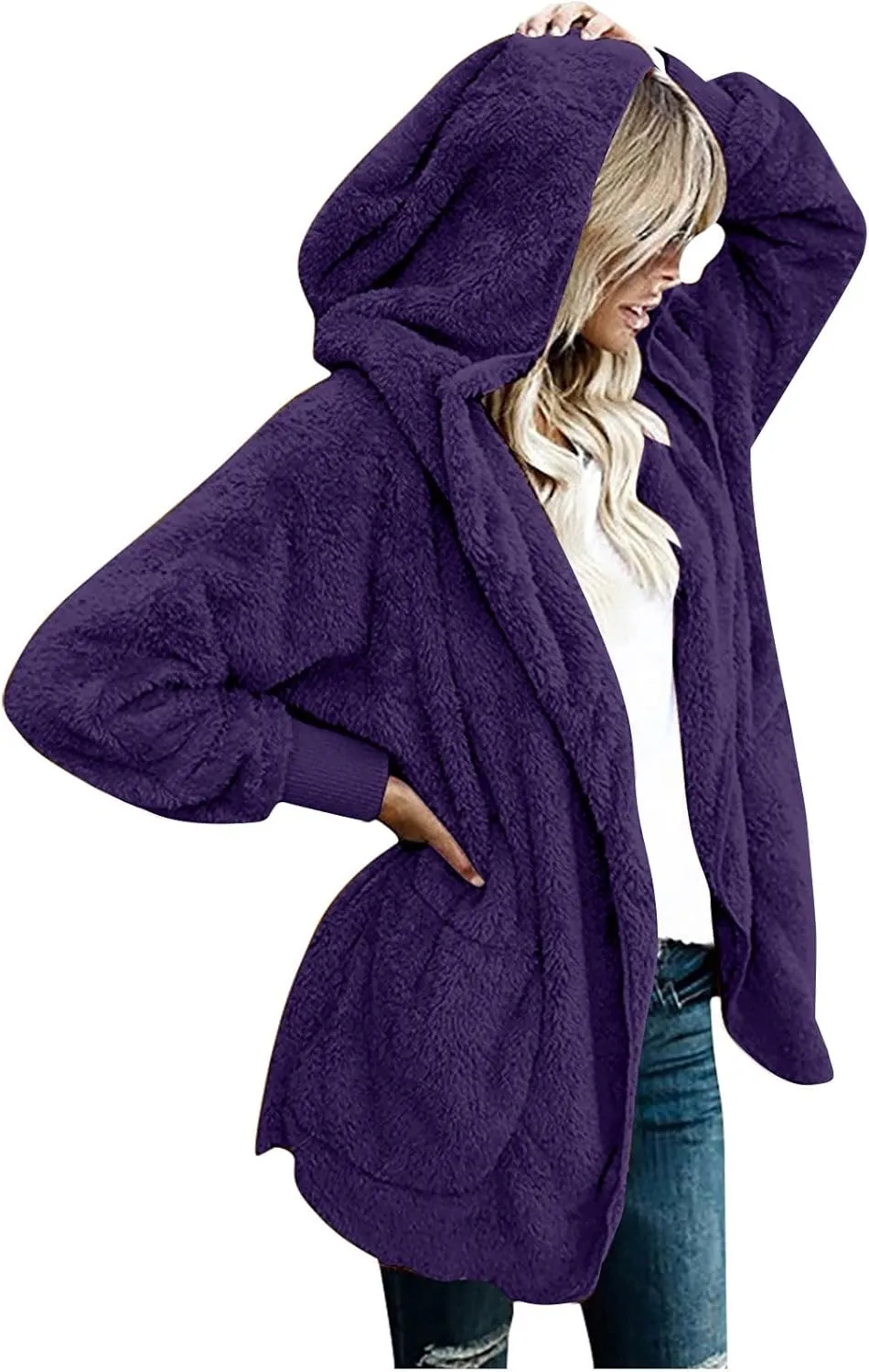 TANGNADE Sherpa Jacket Women with Hood Fleece Fuzzy Hooded Casual Coats Winter Cardigan Open Front Coat Outwear
