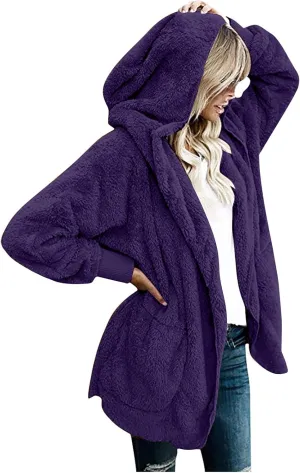 TANGNADE Sherpa Jacket Women with Hood Fleece Fuzzy Hooded Casual Coats Winter Cardigan Open Front Coat Outwear