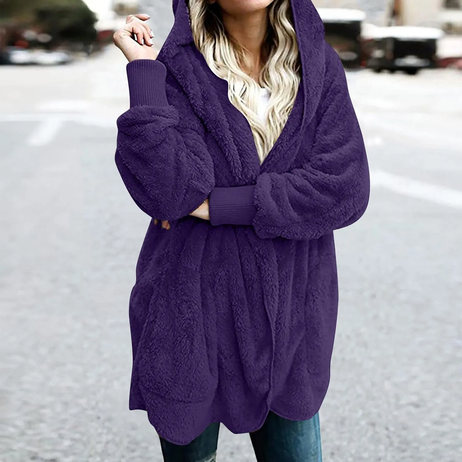 TANGNADE Sherpa Jacket Women with Hood Fleece Fuzzy Hooded Casual Coats Winter Cardigan Open Front Coat Outwear