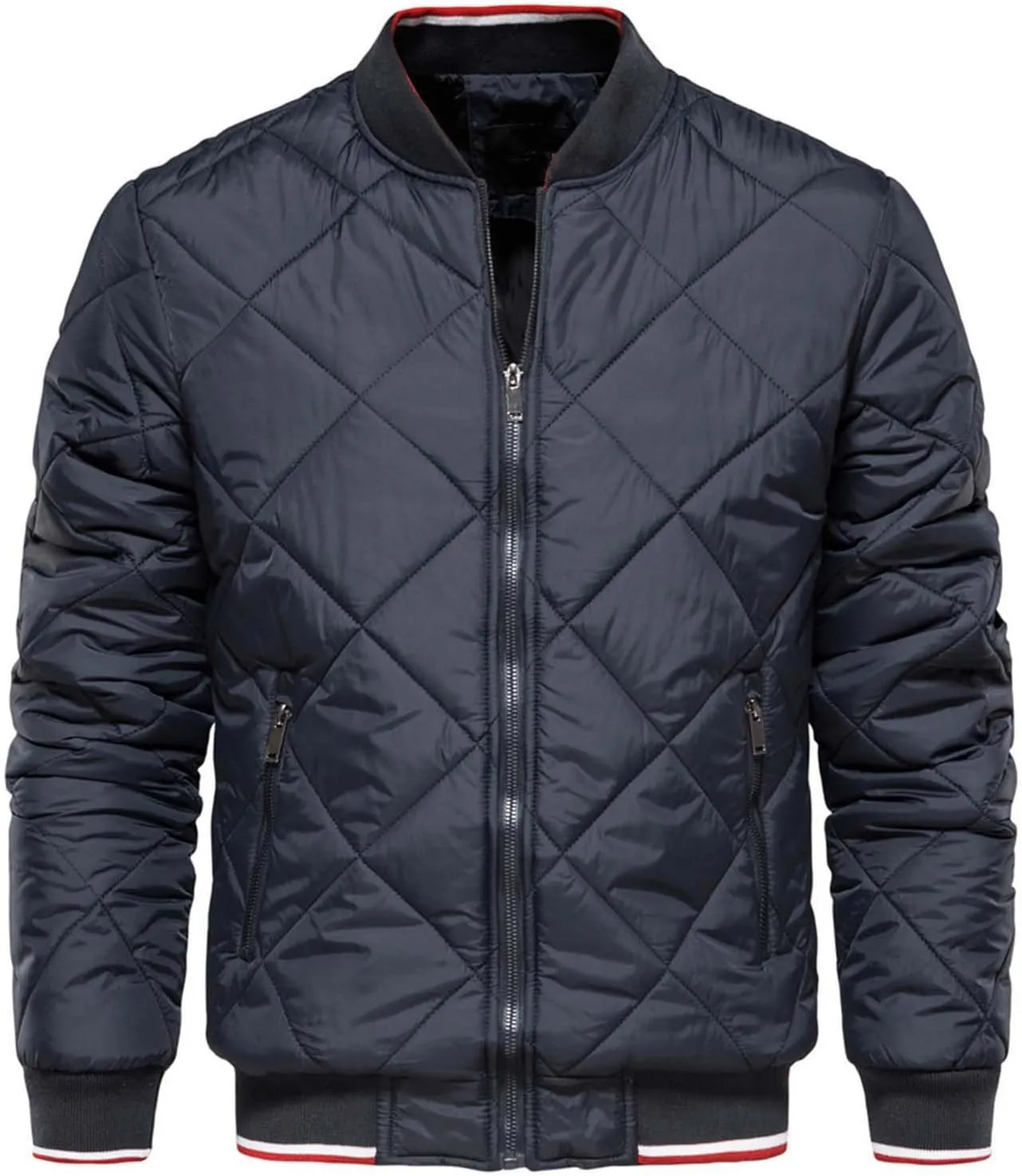 TEMKIN Men Quilted Puffer Bomber Jacket Winter Casual Stand Collar Solid Color Warm Zipper Loose Lightweight Cotton Padded Coat (Color : Navy, Size : 4X-Large)