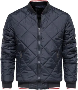 TEMKIN Men Quilted Puffer Bomber Jacket Winter Casual Stand Collar Solid Color Warm Zipper Loose Lightweight Cotton Padded Coat (Color : Navy, Size : XX-Large)