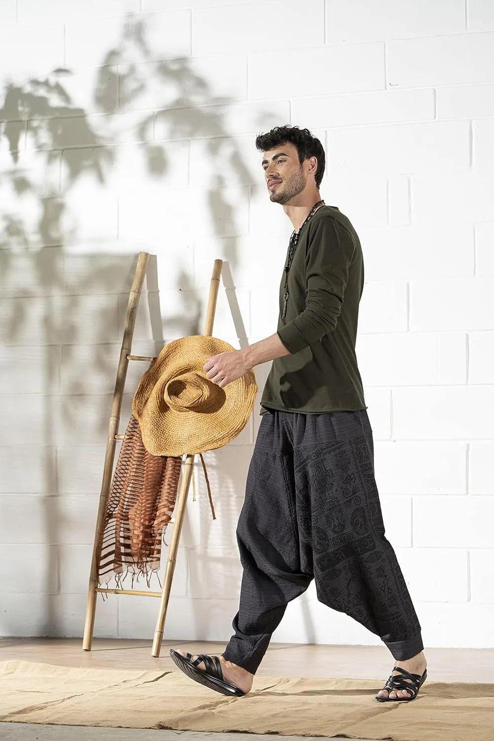 The Veshti Company Men's Boho Harem Pants - Printed Yoga Baggy Pants with Elastic Waist & Drawstring,
